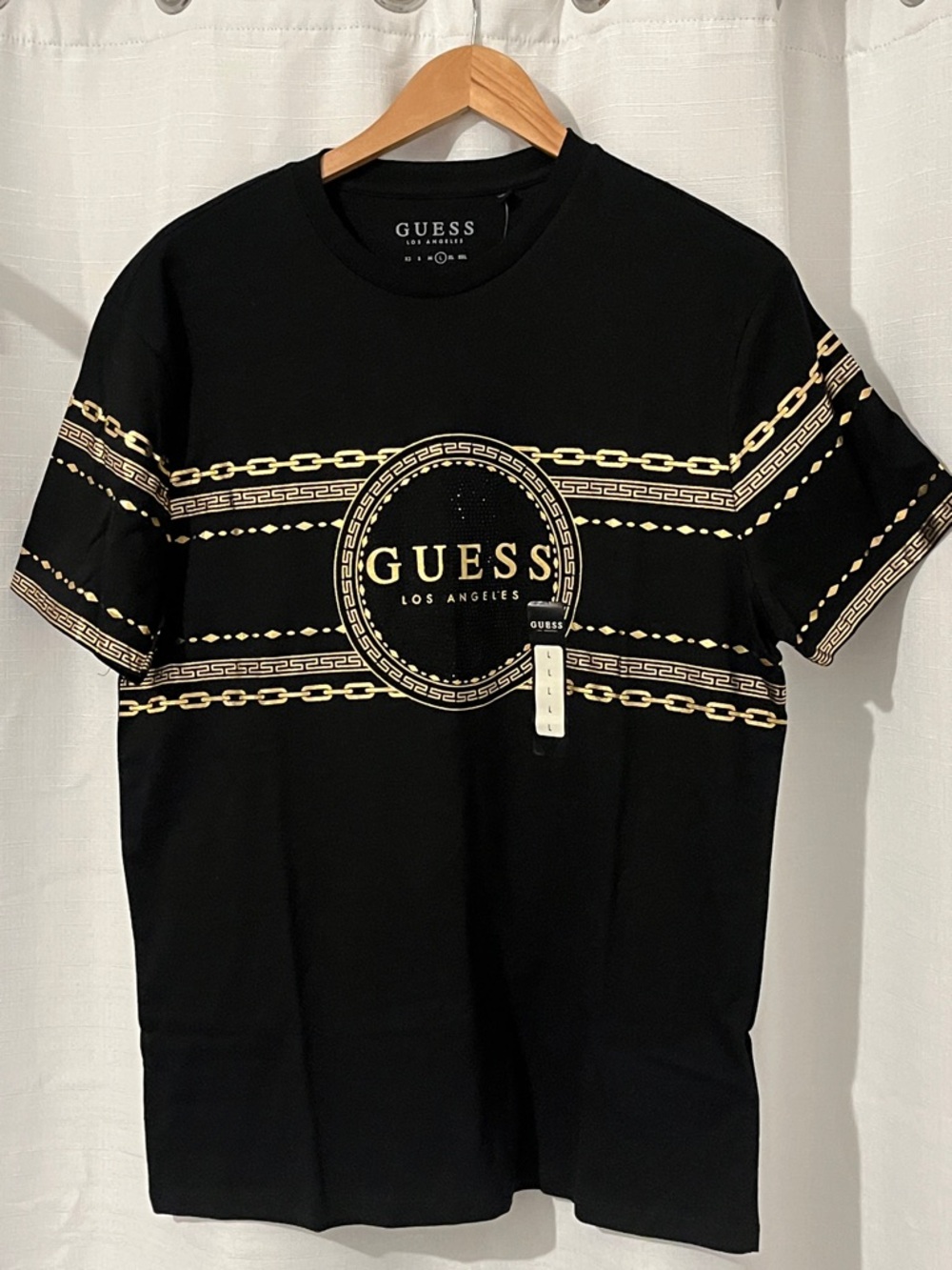 Guess Black Short-Sleeve Tee with Gold Chain Logo